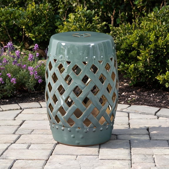 Ceramic Garden Stool with Woven Lattice Design and Green Finish, 18 High, Versatile End Table or Seat for Patio