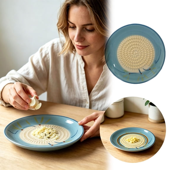 Ceramic Garlic Grater Plate Embossed Grinding Dish Multifunctional Porcelain Grater For Garlic Ginger Onion Kitchen Cooking(Blue-11.8Cm)