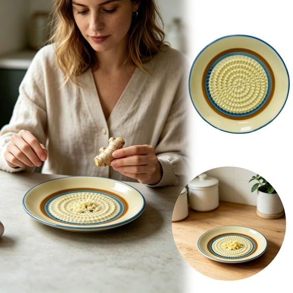 Ceramic Garlic Grater Plate Multifunctional Ginger Citrus Zester Dish For Garlic Onion Cheese Fruit Prep Table Decor(Yellow-11.8Cm)