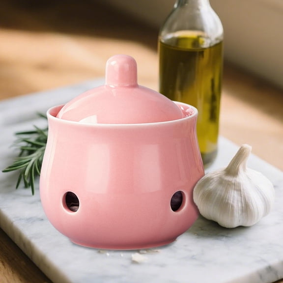 Ceramic Garlic Keeper, Ventilated Garlic Storage Container for Countertop, Countertop Garlic Holder for Ginger and Chili, Kitchen Counter Canister with Hollow Design for Freshness