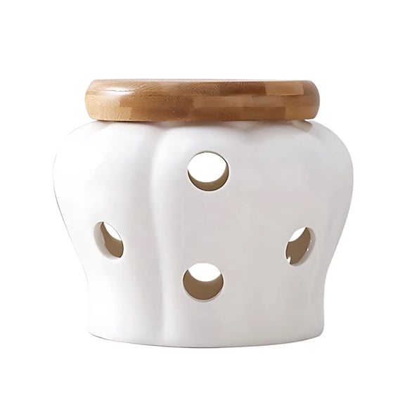 Ceramic Garlic Keeper with Ventilated Holes Small Garlic Storage Container for Kitchen, White Ceramic with Wooden Lid, Breathable Design for Freshness & Moisture Protection, Compact Countertop Orga