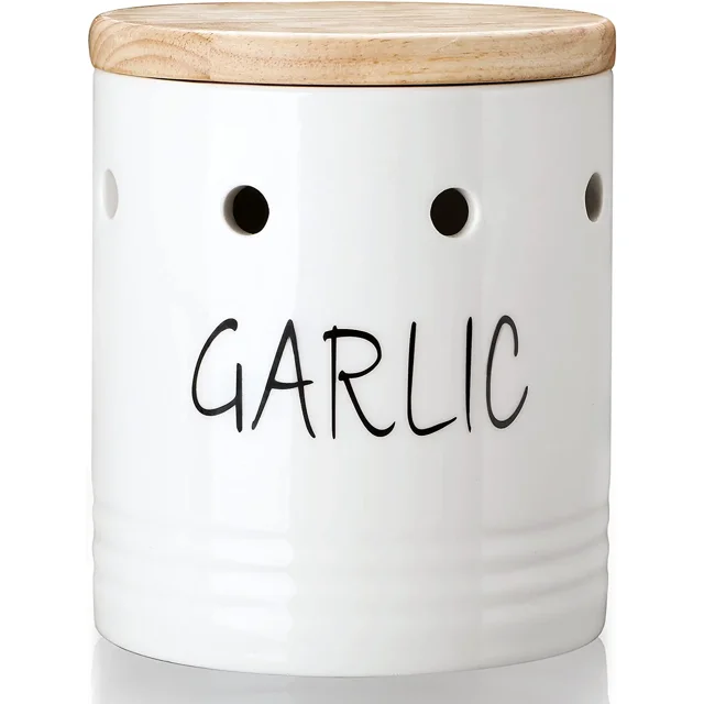 Ceramic Garlic Keeper with Wood Lid, Garlic Container for Counter Easy to Clean,Garlic Saver to