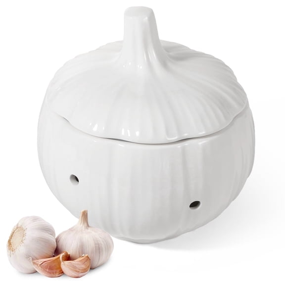 Ceramic Garlic Keeper with Ventilation Holes - Garlic-Shaped Countertop Storage Container, Kitchen Organizer & Decor