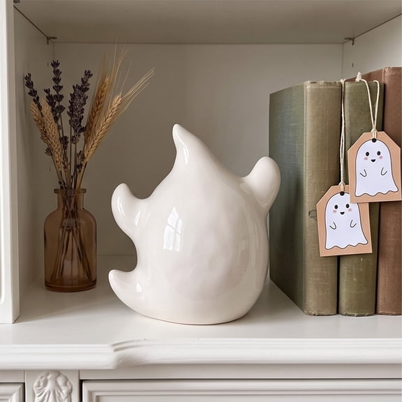 Ceramic Ghost Ashtray Candle Holder, Cute Cartoon Figurine Multi-Use Trinket Tray Spooky Decor for Tabletop Desk Home Halloween Party Props