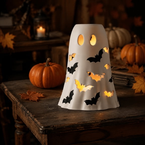 Ceramic Ghost Bat Cutout Halloween Lantern Lamp, 10 Inch Hollow White Ghost Table Light, Hollow Bat Silhouette Projection Night Light for Mantel Dining Table Halloween Party Decor