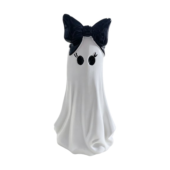 Ceramic Ghost Figurine, Large White Cute Ghost Statue with Black Bow Desk Centerpiece for Halloween Decor for Boys & Family