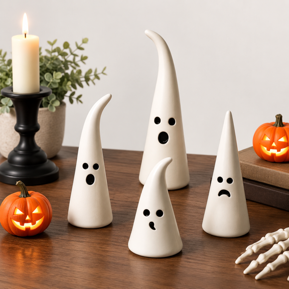 Ceramic Ghost Figurines, Set of 4 Cute Rustic Witch Hat Decor for Home Office