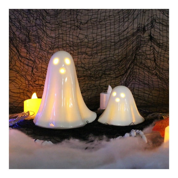 Ceramic Ghost Halloween Decorations Indoor, White Light Up Ghost Figurine, Halloween Decor LED Ceramic Ghosts Tabletop Decoration