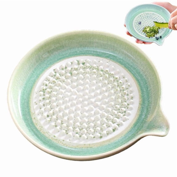 Ceramic Ginger Garlic Grater Plate with Pour Spout, Manual Grinding Dish for Vegetables & Purees, Compact Kitchen Grating Tool (4.7 Inch)