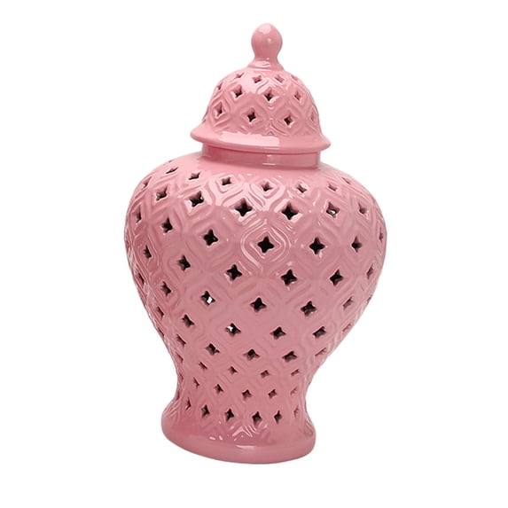 Ceramic Ginger Jar Display Lattice Hollow Vase Temple Jar Storage Jar Handicraft Ornament for Desktop Office Gift Decoration, Pink, 7.87x7.87x13inch