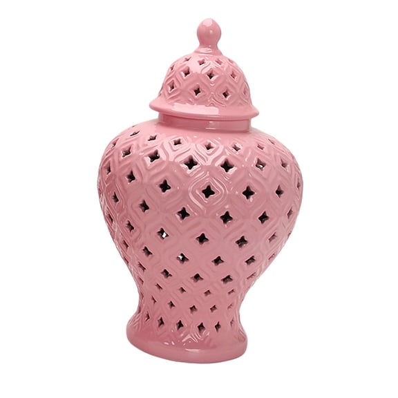 Ceramic Ginger Jar Display Lattice Hollow Vase Temple Jar Storage Jar Handicraft Ornament for Desktop Office Gift Decoration, Pink, 7.87x7.87x13inch
