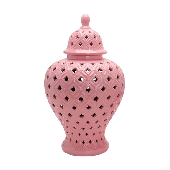 Ceramic Ginger Jar, Light Luxury Collectable Decorative Lattice Flower Vase for Ornament Home Decoration Cafe Gift Storage, Pink, 10.24inchx17.91inch