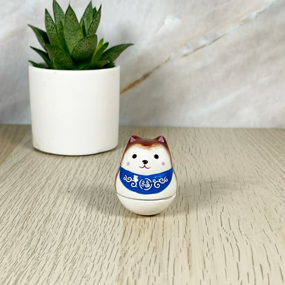 Ceramic Glazed Shiba Inu Cute Doggy Tumbler Roly Poly Toy Dog Figure- Brown