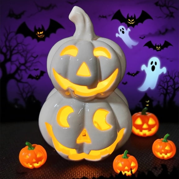 Ceramic Glowing Halloween Pumpkin Lantern Desktop Decoration Orange White 1 Count