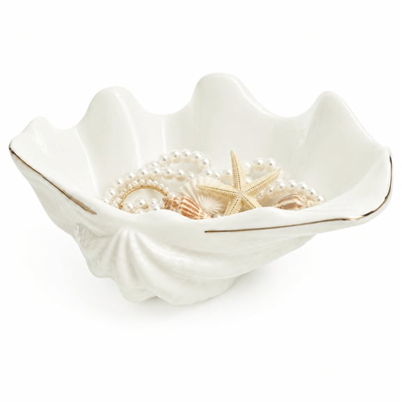 Clam Shell Decorative Bowl with Golden Rim, 7.9 x 5.9 x 2.8 in White Ceramic Sea Shell Bowl, Aesthetic Jewelry Holder, Ocean Themed Key Tray for Entryway, Bathroom, Living Room