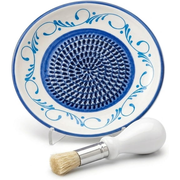 Ceramic Grater Plate, Ginger Grater with Brush, Garlic Grater 4.5 in Multipurpose Cheese Crusher Grinder for Tomato Fruit Nutmeg Vegetable, Handmade Pottery Dishwasher Safe(Type B)Q