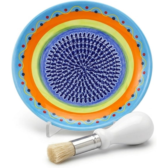Ceramic Grater Plate, Ginger Grater with Brush, Garlic Grater 4.5 in Multipurpose Cheese Crusher Grinder for Tomato Fruit Nutmeg Vegetable, Handmade Pottery Dishwasher Safe(Type C)Q