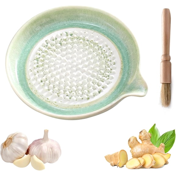 Ceramic Grater Plate with Pouring Spout, Multi-Purpose Kitchen Tool for Garlic, Ginger, Fruits, Vegetables & Baby Food, Easy to Clean (Green) (K)