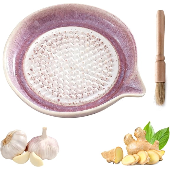 Ceramic Grater Plate with Pouring Spout, Multi-Purpose Kitchen Tool for Garlic, Ginger, Fruits, Vegetables & Baby Food, Easy to Clean (Purple) (K)