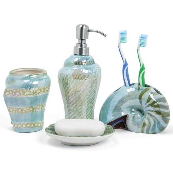 Ceramic Green Conch Sea Shell 4-Piece Bathroom Accessory Set