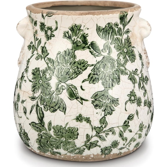Ceramic Green Scroll Planter 6.5 Inch Chinoiserie Floral Vase with Drainage Holes Vintage Flower Vase Flower Pot Rustic Ceramic Pots for Indoor Plants Flowers Garden Home Bookshelf Decor