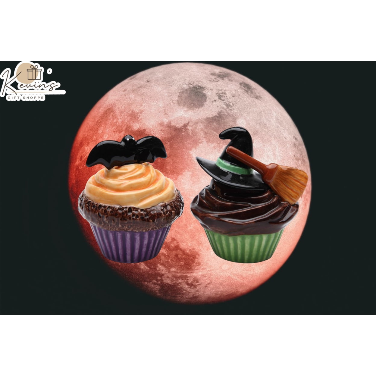 Ceramic Halloween Decor Bat & Witch Hat Cupcake Salt & Pepper ...
