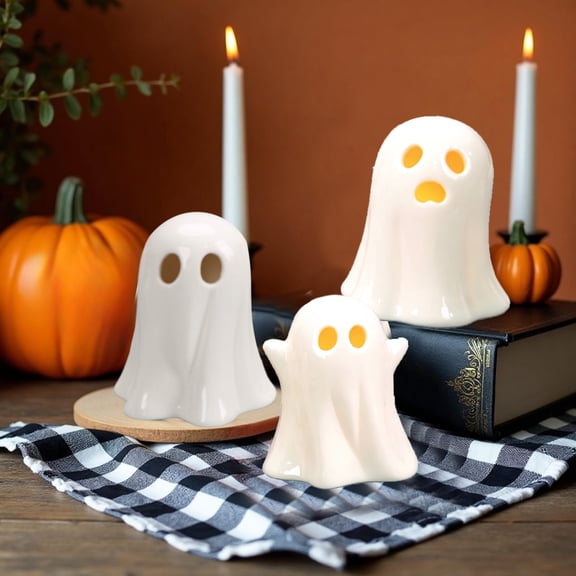 Ceramic Halloween Ghost Light,Cute Desktop Holiday Ornament,LED Warm Glow Tabletop Decor,Battery Operated Spooky Shelf Statue For Mantel Window,3.54x4.13 Inch White 3Pcs