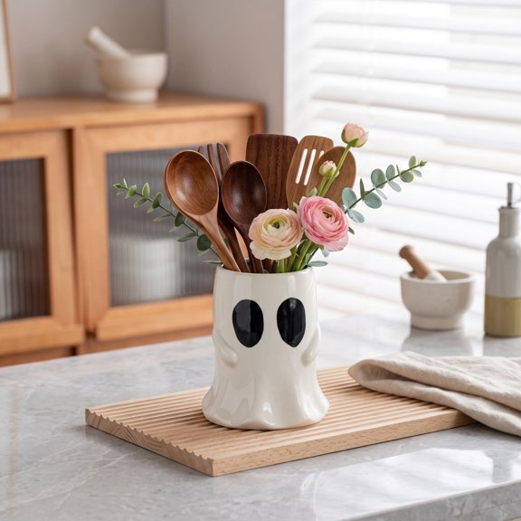 Ceramic Halloween Ghost Utensil Holder For Kitchen Decor,White Cute Utensils Crock 6.3 Inch For Rustic Farmhouse Indoor Kitchen Decorations