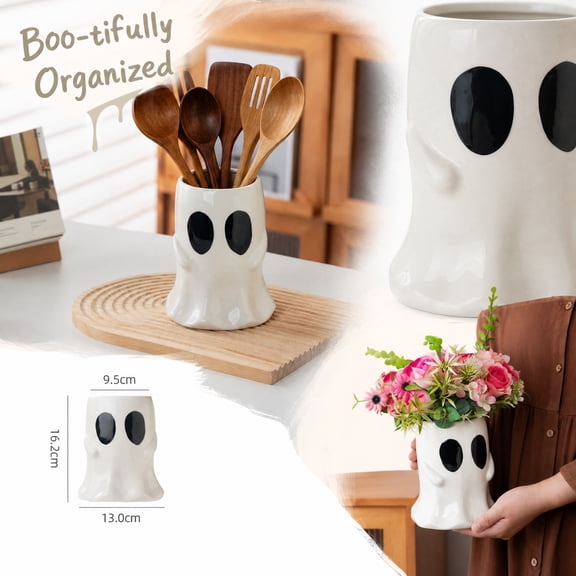 Ceramic Halloween Ghost Utensil Holder, White Cute Halloween Utensils Holder, Ceramic Utensils Crock, Halloween Kitchen Decor, 6.3 Inches