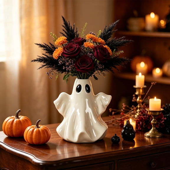 Ceramic Halloween Ghost Vase for Dried Flowers and Water Arrangements, Cute Spooky Flower Pot for Dried Flowers, Hydroponic Chenille Sticks and Water Arrangements, Mantel, Shelf, Entryway