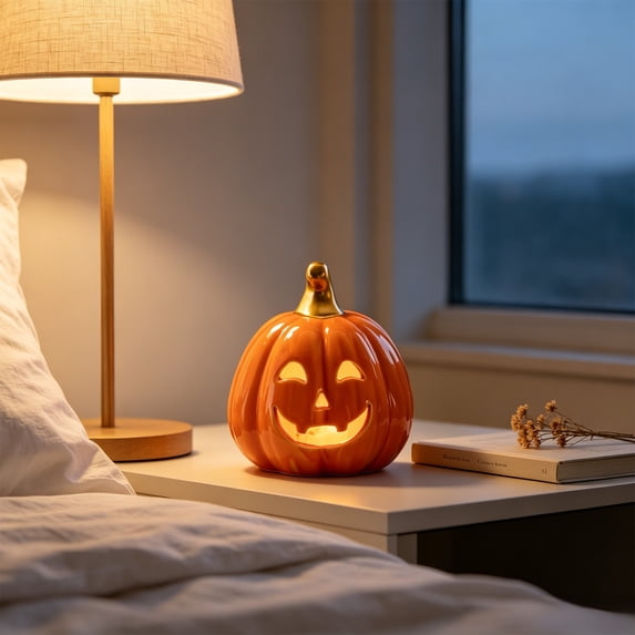 Ceramic Halloween Orange Pumpkin Light with Glowing Jack-O-Lantern Face, 3.8x3.3 Inch Battery Operated LED Night Light for Autumn Tabletop Decor
