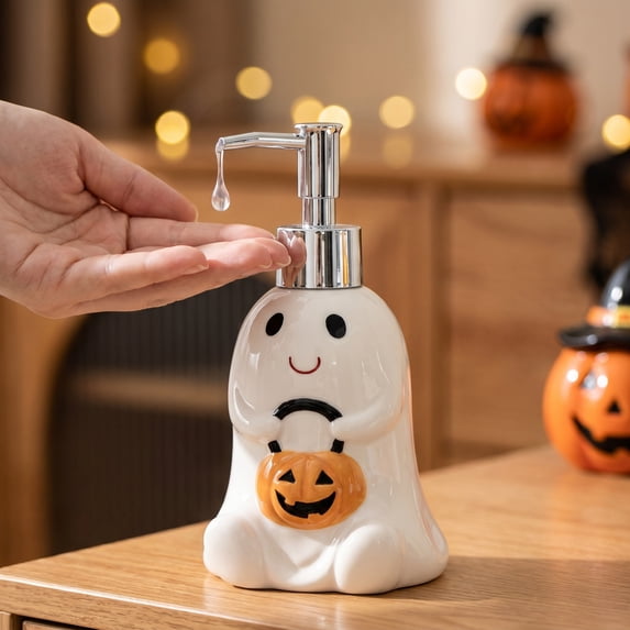 Ceramic Halloween Pumpkin Ghost Shape Squeeze Bottle, Holiday Kitchen Bathroom Decorative Dispenser Bottle 9.4*16.8cm