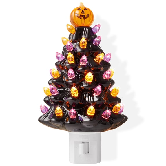 Ceramic Halloween Tree Night Light - Black Plug-in Decorative Night Light with 28 Bulbs and Star Topper