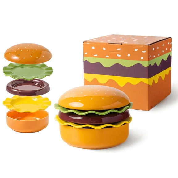 Ceramic Hamburger Plates and Bowls Sets, 5-Piece Novelty Stackable Burger Dinnerware Set, Fun and Cute Christmas Gift for Kids and Adults