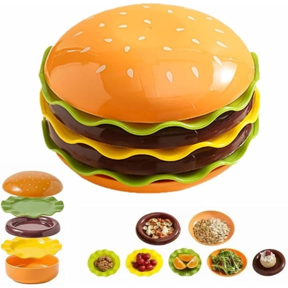 Ceramic Hamburger-Shaped Plates and Bowls Set Stackable Dinnerware with Lid, Burger Design Dessert Plates and Snack Bowls