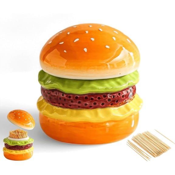 Ceramic Hamburger Toothpick Holder,Cute and Fun Toothpick Dispenser for Home Kitchen Restaurant Table Decor Accessories, Warm and Unique Kitchen Gadgets Gifts for Burger Lovers