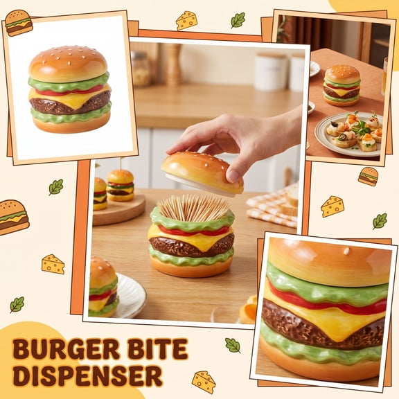 Ceramic Hamburger Toothpick Holder,Cute and Fun Toothpick Dispenser for Home Kitchen Restaurant Table Decor Accessories,Warm and Unique Kitchen Gadgets Gifts for Burger Lovers