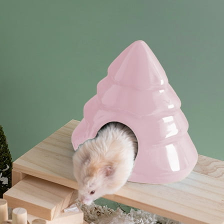 Ceramic Hamster Hideout, Christmas Tree Hamster Hut with Doors, Anti-Bite Hideaway House for Mice & Gerbils, Safe Half Enclosed Pet Nests for Small Animals Hamsters Squirrels
