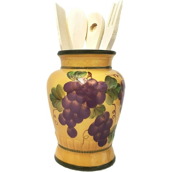 Ceramic Hand Painted Tuscany Grape Utensil Holder, Utensil Crock, Modern Kitchen , Kitchen Storage with Tools
