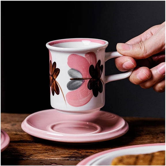 Ceramic Hand-painted Girl Exquisite Hanging Ear Coffee Cup Set Retro Home Tea Cup Atmosphere Wedding Gift (Pink Small)