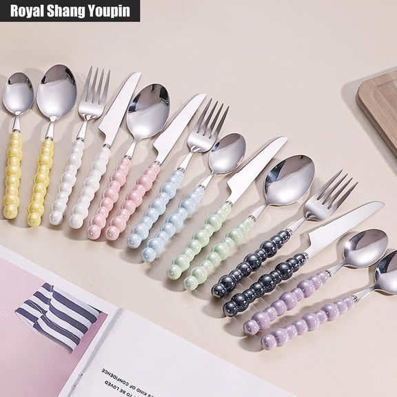 Ceramic Handle Kitchen Stainless Steel Silverware Tableware Flatware Cutlery Set Creative Hotel Home Steak Knife Dessert Spoon Pink 16 pieces