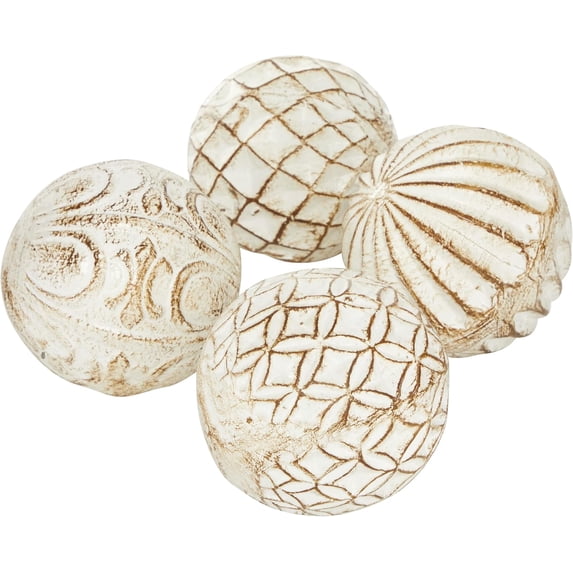 Ceramic Handmade Carved Decorative Ball Orbs & Vase Filler with Varying Patterns, Set of 4 4"W, 4"H, White