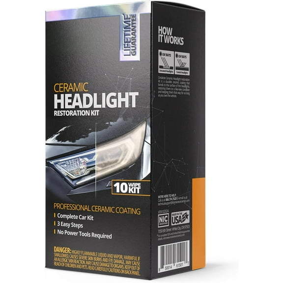 Ceramic Headlight Restoration Kit – Guaranteed To Last As Long As You Own Your Vehicle – Brings Headlights Back to Like New Condition - No Power Tools Required - 10 Wipe Kit