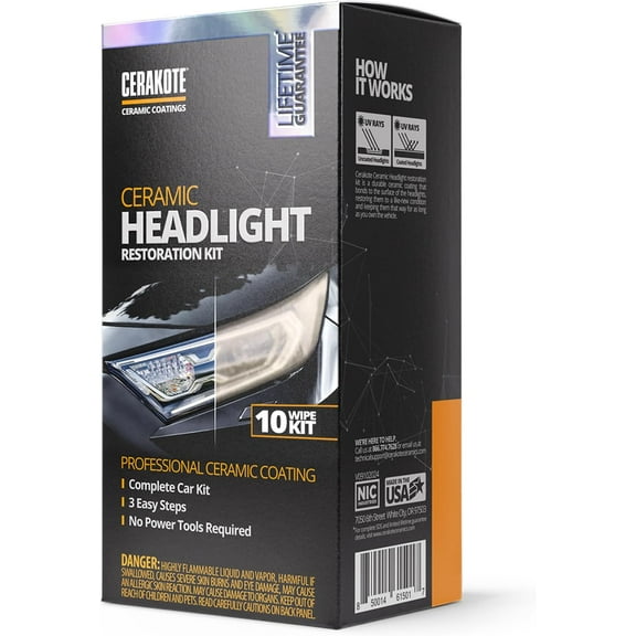 Ceramic Headlight Restoration Kit – Guaranteed To Last As Long As You Own Your Vehicle – Brings Headlights Back to Like New Condition - No Power Tools Required - 10 Wipe Kit