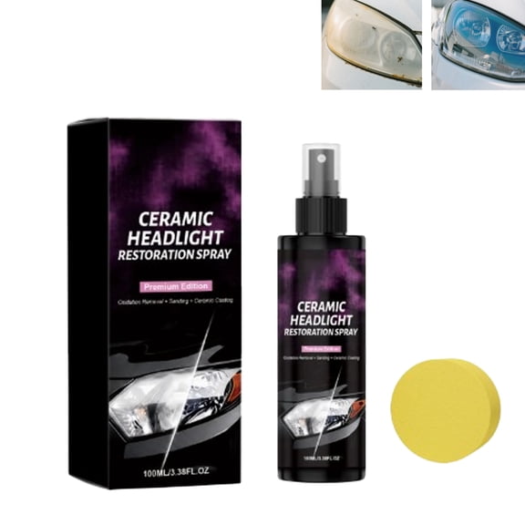 Ceramic Headlight Restoration Spray, Advanced Ceramic Coating Formula Headlight Cleaner and Oxidation Remover, Car Cleaning Supplies for Yellowed and Cloudy Headlights