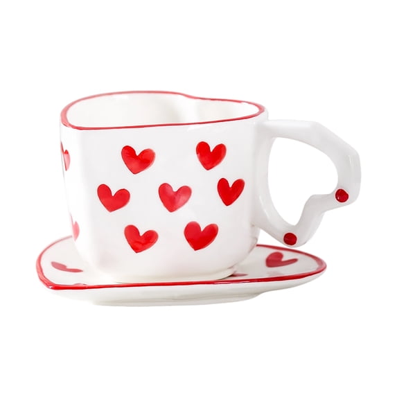 Ceramic Heart Pattern Coffee Cup And Saucer Set With Unique Handle Design For Home Kitchen Office Use