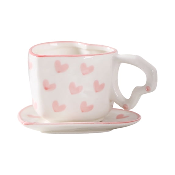 Ceramic Heart Pattern Coffee Cup And Saucer Set With Unique Handle Design For Home Kitchen Office Use