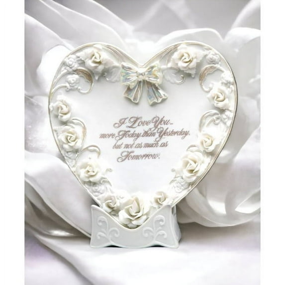 Ceramic Heart Shape Decorative Plate 7" Roses Wedding Anniversary Stand Included