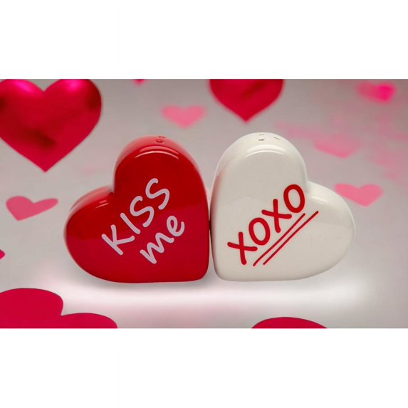 Ceramic Heart Shaped Salt and Pepper Set Kiss Me XOXO 2.5 inches