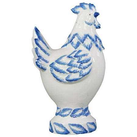 Ceramic Hen Decor With Blue Accents On Base